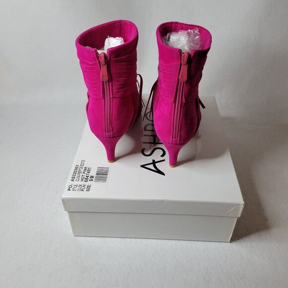 Hot Pink Fringe Peep Toe Booties Size 9 Faux Suede - Picture 6 of 7